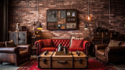 Wall Mural - Living room decor, home interior design . Industrial Rustic style with Brick Wall decorated with Metal and Wood material . Generative AI AIG26.