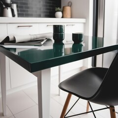 Sticker - A green table with a black chair in front of it. Kitchen. Generative AI.