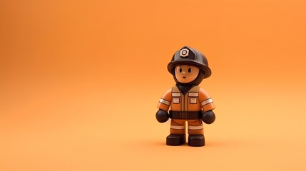 a 3D character of a firefighter dressed in full gear, on a pastel orange backdrop. copy space. generative AI