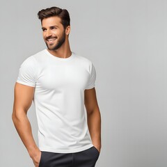 Wall Mural - Handsome young man in white t-shirt on grey background