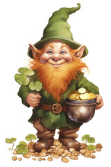 Watercolor Irish gnome, in full body, symbolizing St. Patrick's Day, with pot full of golden coins in hand