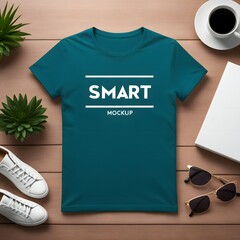 Wall Mural - T-shirt mockup template design on wood background