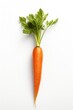 A single carrot with green leaves placed on a clean white surface. This image can be used to depict fresh produce, healthy eating, or cooking ingredients.