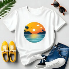 Wall Mural - T-shirt mockup with the image of the sea sunglasses and a pair of shoes