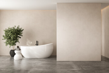 Wall Mural - Beige bathroom interior with blank wall, concrete floor, bathtub, plants. Bathing accessories in hotel studio.