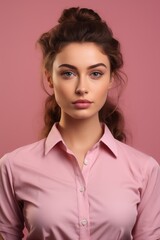 Poster - A woman wearing a pink shirt poses for a picture. This versatile image can be used for various purposes