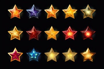 Wall Mural - A set of shiny stars on a black background. Perfect for adding a touch of sparkle and glamour to any project