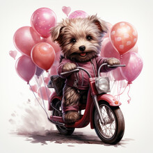 Watercolor Pink Dog With Bike Valentine Day Illustration Generative Ai