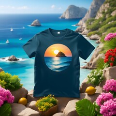 Wall Mural - T-shirt mockup on the beach with sea and island background