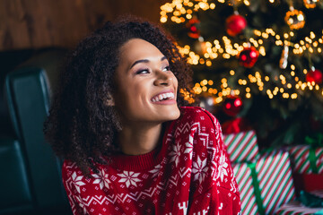 Sticker - Photo of adorable dreamy lady looking new year decorations enjoying rest relax festal cozy morning magic time house room indoors