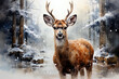 Watercolor picturesque Christmas landscape with a forest deer. Ai art