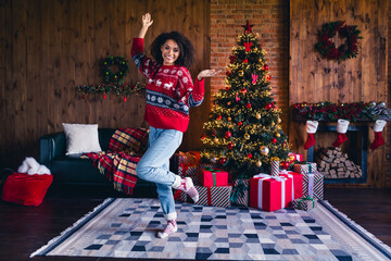 Sticker - Full body photo of overjoyed pretty lady have good mood dancing evergreen tree garland giftbox decor house inside