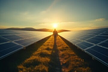 Technician works with solar panels in a field against a sunset background. The concept of environment, renewable sources, power generation, alternative energy and ecology.