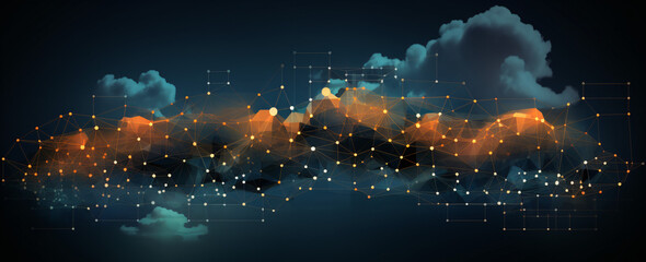 abstract digital cloud background, dark blue and orange ambiance, cloud computing. 