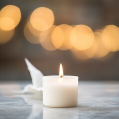 Poster - White candle and dove on marble table with blurred background, AI