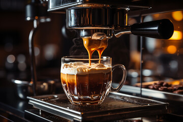 A sleek espresso machine crafting the perfect brew, filling a glass with delicious coffee. Ai generated