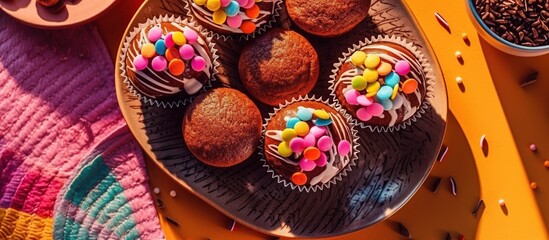 Top view of Traditional brazilian sweets - brigadeiros - on white background.