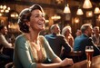 Mature woman laughs at stand-up performance while sitting in a pub. Cheerful, happy and optimistic alluring female laughing from amazement, having fun, enjoy watching funny stand-up comedy performance