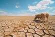 Sheep under the scorching sun on dry, cracked earth in search of green grass and food. Drought, water shortage