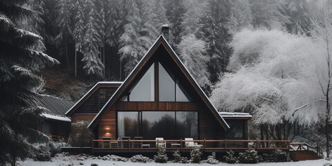 Wall Mural - Generative AI, Winter aesthetic landscape with house panorama, muted neutral colors, forest and mountains..