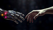 Human hand and android cyborg. Artificial intelligence technology concept