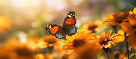 Closeup shot of a beautiful butterfly with interesting textures on an orange petaled flower.