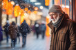 Solitude, loneliness during Christmas. Elderly man walks alone through city streets during Christmas holidays. Lonely senior man feels lonely celebrating Christmas without family and friends