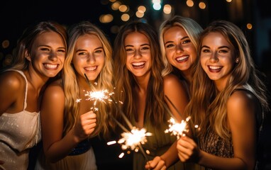 A group of smiling friends with sparklers