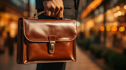 Lawyer with briefcase on the way to work. Businessman  in a suit and leather suitcase about to go on a business trip. Man on his way to a work meeting. Person working. Traveler at airport. 