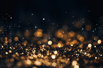 golden christmas glittering particles with bokeh for a holiday on black background. shiny golden new
