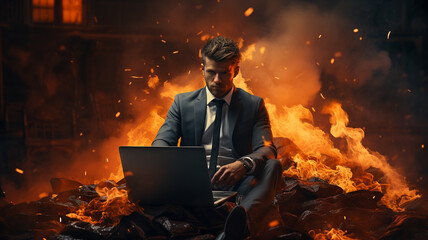 young man with a laptop in a night office against the background of a fire. night work concept