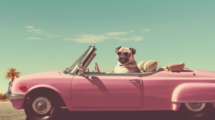 Wall Mural - a pug  is driving  pink Cadillac