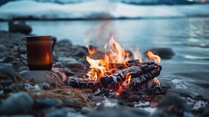 Canvas Print - A mug sitting on top of a rocky beach next to a fire