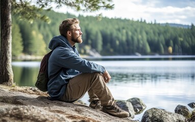 Wall Mural - A man sitting on rocks admiring a beautiful lake