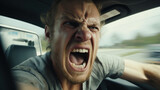 Fototapeta  - Road Rage Up Close: Furious Male Driver Shouting in Traffic Altercation.