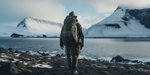 Wall Mural - Generative AI, backpacker in winter landscape, traveler man tourist with backpack hiking in mountains.