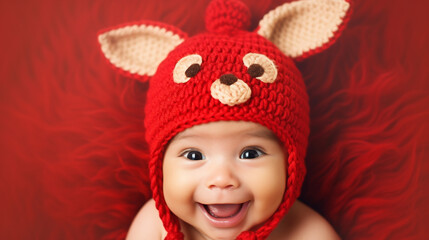 Wall Mural - Cute little baby in Christmas reindeer hat. Christmas concept. 