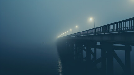 Mysterious bridge with glowing lights stretching into the distance and fading into the mist. Gloomy twilight. Liminal space concept. Copy space.