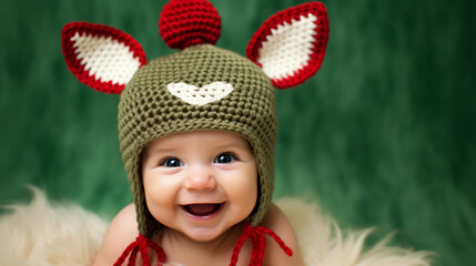 Wall Mural - Cute little baby in Christmas reindeer hat. Christmas concept. 