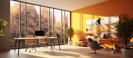 Wall Mural - Office room with armchairs and computers on the tables near windows. Light grey office room with modern minimalist furniture, 3D rendering no people