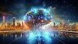 Artificial Intelligence, massive brain powering a futuristic city