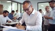 © yj - Busy Latin business man investor checking bank document at office team meeting. Consultancy advisory services concept. generative AI