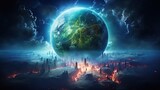 Fototapeta Kosmos - Planet Earth-type, exo-planet in outer space, alien planet in far space. fantasy landscape, galaxy, unknown planet, neon space galaxy portal. 3d illustration.