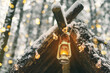 Primitive survival shelter in winter forest decorated with garlands and light of kerosene lamp. Christmas postcard background