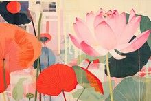Vintage Mixed Media Collage Of Large Pink Lotus Flower And Assorted Plants