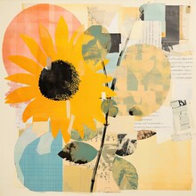 Vintage Mixed Media Collage Of Black-eyed Susan Flower And Newsprint