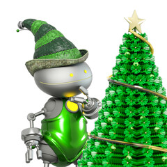 Wall Mural - santa helper bot is looking at the christmas tree and also thinking about in close up side view