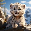 Snow leopard cartoon character 3d illustration for children. Cute fairytale print with snow leopard for clothes, stationery, books, goods. Banner of toy baby snow leopard 3D. Cartoon character 3d snow