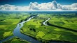 Aerial drone view of typical Dutch landscape with canals, polder water, green fields and farm houses from above, Holland, Netherlands