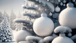 Zimowe tło świąteczne, białe bombki. Generative AI